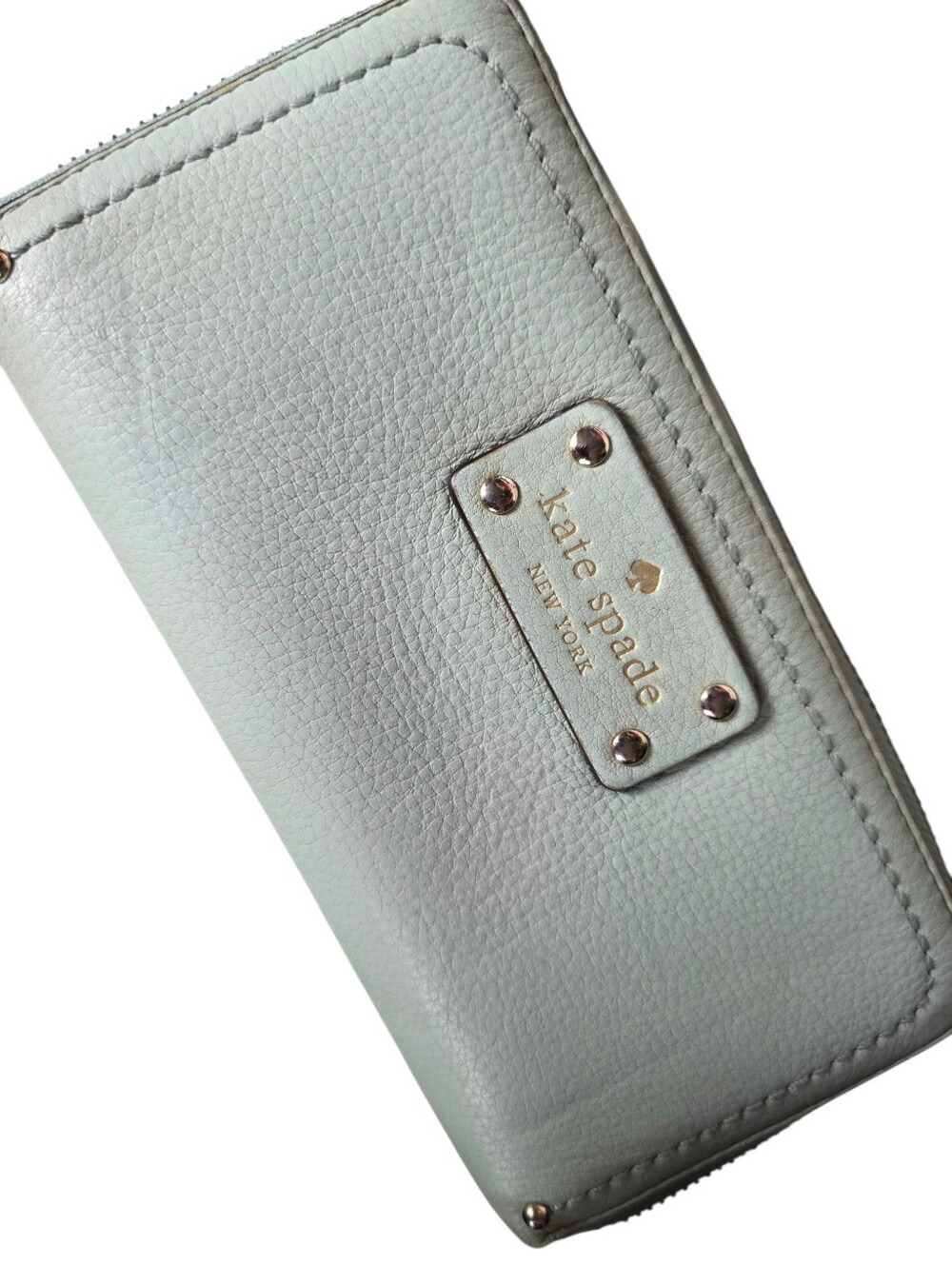 kate spade Light Mint Pebbled Leather Zip Card Wallet with Gold Logo